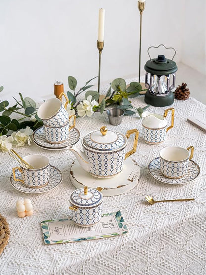 7 Oz Bone China Blue Tea Cup and Saucer Service - Image 6