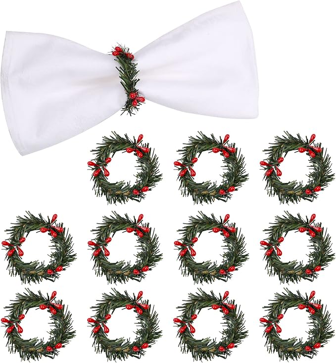Christmas Napkin Rings Set of 12, Pine Needles Wreath by wonlex
