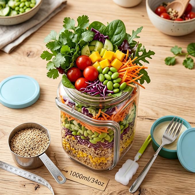 35oz Side Opening Mason Salad Jar | 1000ml Leakproof Portable Salad Container - Image 3