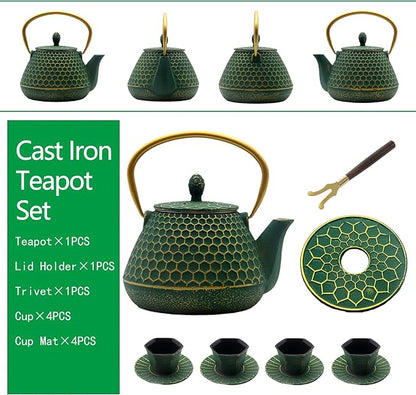 YJX Cast Iron Teapot and Tea Cups Set, 33.8oz Hexagon Pattern Tea Set - Image 6