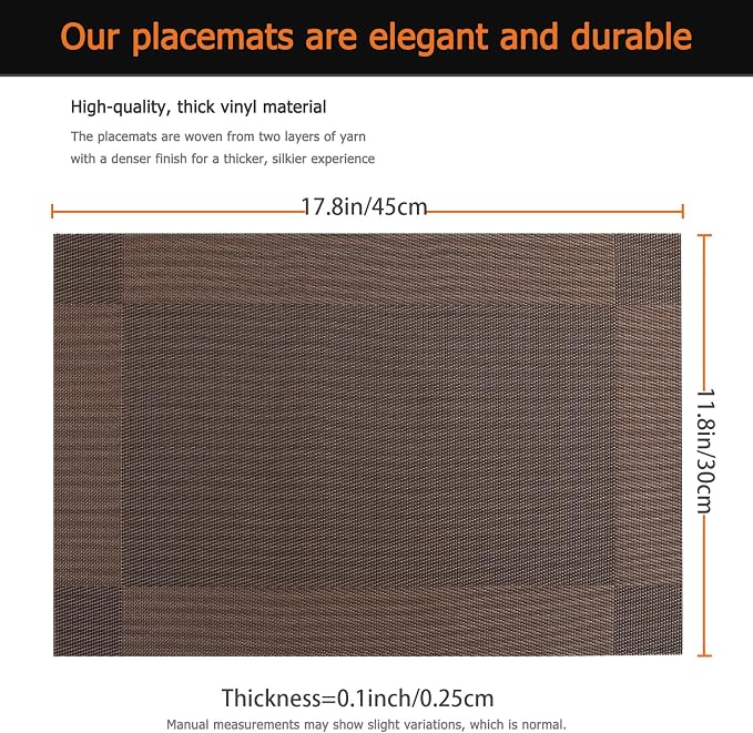 Brown Vinyl Placemats Set of 8, Heat Resistant Table Placemats | 18x12 inch - Image 3