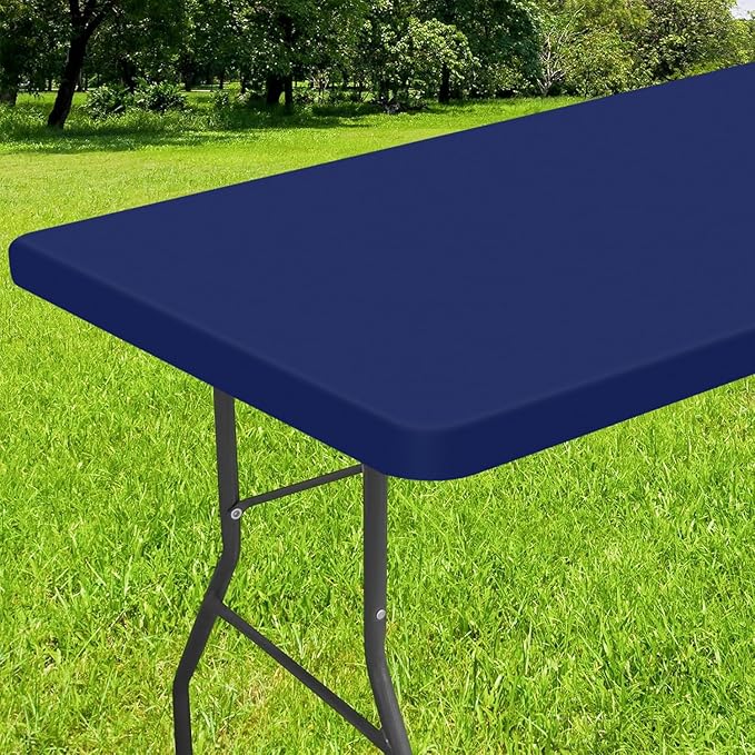 Smiry Rectangle Tablecloth, Elastic Fitted Flannel Backed Vinyl Tablecloths for 8ft Folding Tables, Waterproof Wipeable Table Covers for Indoor, Outdoor, Picnic and Camping (Navy, 36"x96")