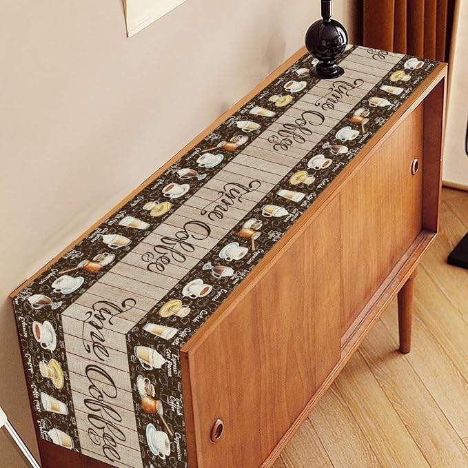 Coffee Time Table Runner, Retro Farmhouse Cafe Cup Tea Coffee Theme Wooden - Image 2