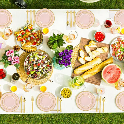 GATHER 700PCS Pink Plastic Plates - Gold Rim Disposable Plastic Dinnerware Set Include 200 Pink Plates, 300 Silverware, 100 Napkins, 100 Cups for Party & Wedding & Valentine's Day