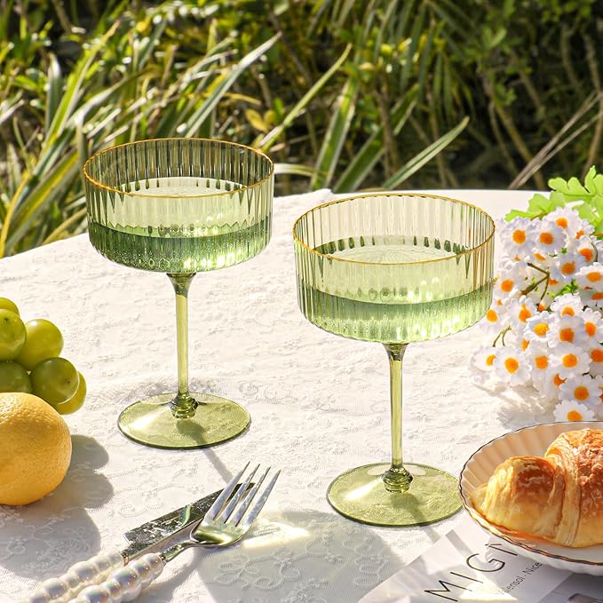 12 PCS Gold Rim Plastic Champagne Coupe Cup Sage Green Ribbed Coupe Glasses 10oz Detachable Espresso Martini Glass Vintage Margarita Glassware Cocktail Glass Set for Baby Shower Christmas Wedding