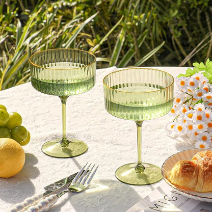 12 PCS Gold Rim Plastic Champagne Coupe Cup Sage Green Ribbed Coupe Glasses 10oz Detachable Espresso Martini Glass Vintage Margarita Glassware Cocktail Glass Set for Baby Shower Christmas Wedding