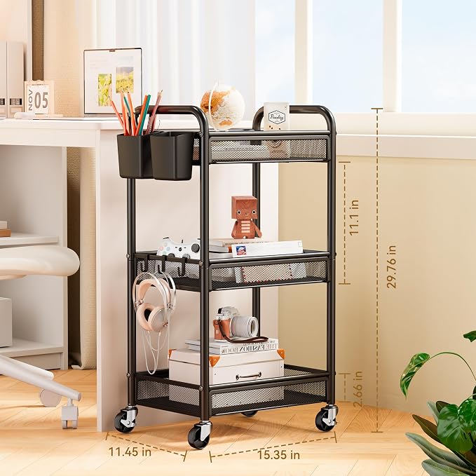 3 Tier Metal Rolling Cart, Art Workspace, Bedside Storage - Image 6