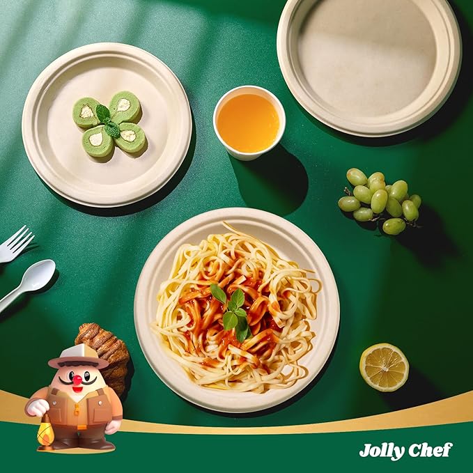 JOLLY CHEF Compostable Heavy Duty Plates 𝟭𝟬 𝗜𝗻𝗰𝗵 [𝟭𝟱𝟬 𝗣𝗮𝗰𝗸] Eco-Friendly Disposable Natural Paper Plates Bagasse Biodegradable Bulk for Party Dinner Thanksgiving Day (Brown)