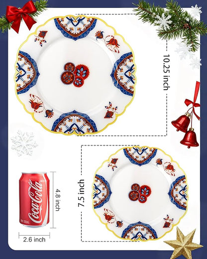 Morejoy 60pcs Plastic Disposable Plates Set - White Plastic Plates Featuring Classic Blue and Russet Floral Design With Gradient Gold Rim, 10.25 Dinner & 7.5 Dessert Plates for Wedding & Party