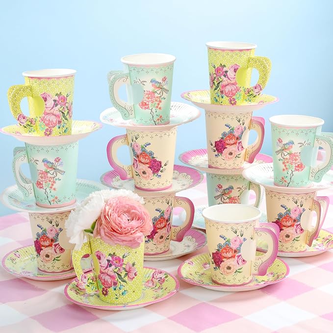 Talking Tables 24 x 7 oz Vintage Floral Paper Tea Cups & Saucer Set, Disposable by TalkingTables