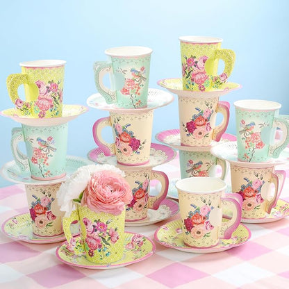 Talking Tables 24 x 7 oz Vintage Floral Paper Tea Cups & Saucer Set, Disposable by TalkingTables