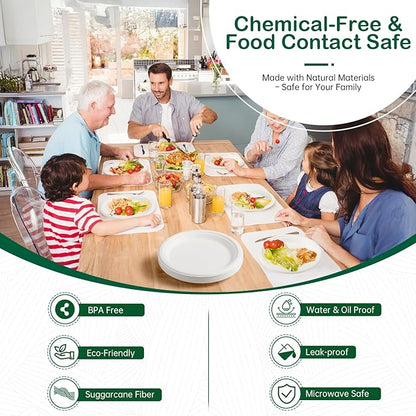 10 Inch 128 Pack Compostable Disposable Paper Plates, Large Round Dinner Plates, Heavy Duty Sugarcane Bagasse, Biodegradable Eco-Friendly for Parties & Daily Use, White