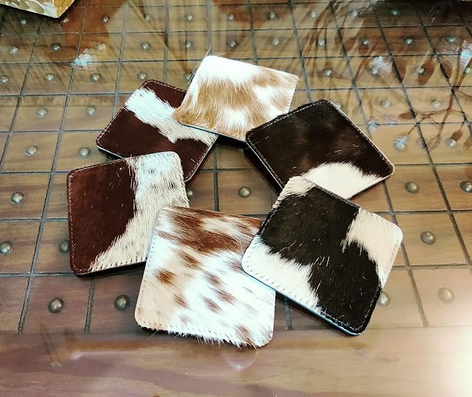 NGF Cowhide Coaster Set of 6 pcs Natural Cowhide Drink Coasters Hair On Square - Image 6