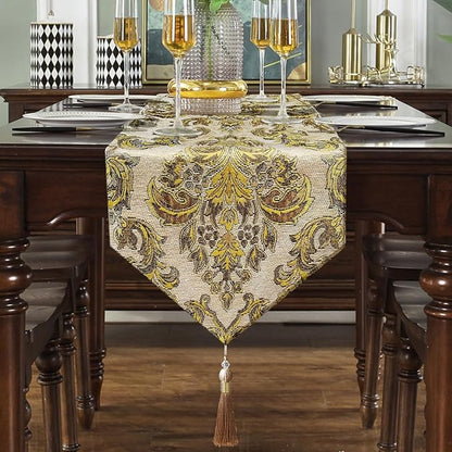 Vintage Table Runners 72" Beige Chenille Jacquard European Floral Pattern | - Image 7