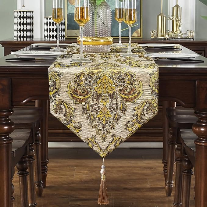 108 Inches Exquisite Gold Floral Jacquard Table Runner Thick Beige Chenille | - Image 7