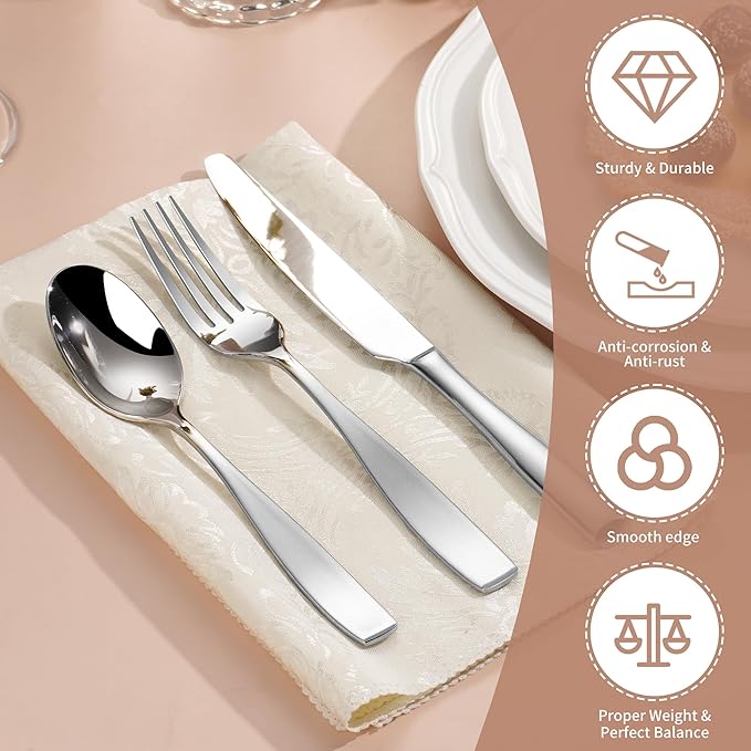45-Piece 18/10 Stainless Steel Flatware Set for 8, Heavy Duty Silverware Set, Flatware Set with Serving Utensil, High End Flatware, Mirror and Matte Satin Silverware, Dishwasher Safe, Ideal for Gift