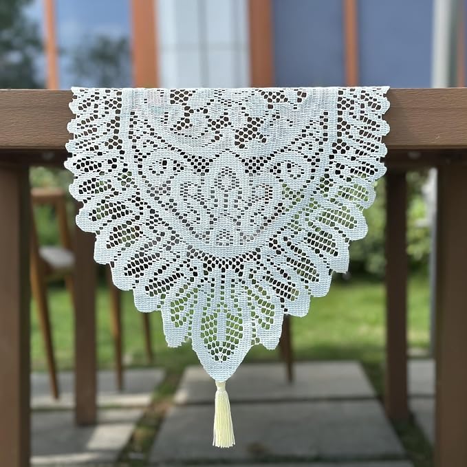 2Pcs Lace Table Runners with Tassels, Farmhouse Boho Doily Vintage Floral - Image 6
