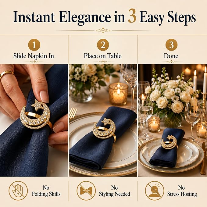 Gold Napkin Rings Set of 12 – Moon & Star Design – Elegant Napkin Ring Holders - Image 5