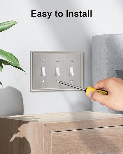 2-Pack Triple Toggle Light Switch Cover Plate, Durable Solid Zinc Alloy Decorative Switch Plate Covers, Brushed Nickel 3 Gang Wall Plate, Corrosion Resistant
