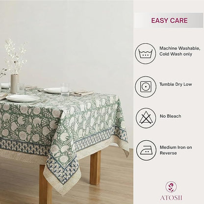 ATOSII Jade 100% Cotton Rectangle Boho Fall Tablecloth, Handblock Floral Table Cloth Linen for Kitchen Dining I Parties Wedding Outdoors Thanksgiving Easter Picnics I 72 X 108 Inches I 8 Seater