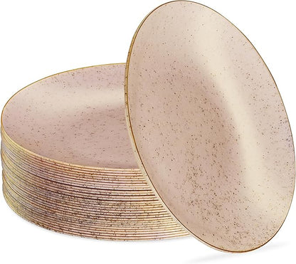 PLASTICPRO 30 Pack Disposable Plastic Plates Heavyweight Granite Look Elegant 10 inch Dinner Plates Pink with Gold Rim