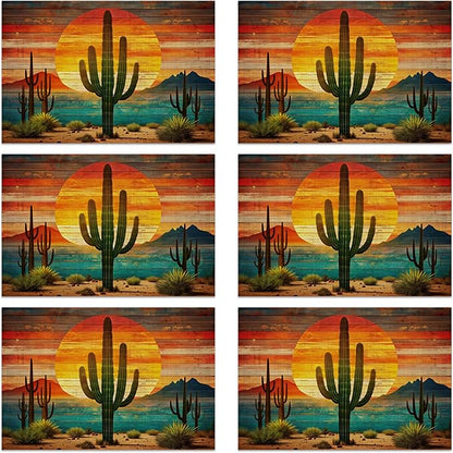 Table Placemats Set of 6, Waterproof Linen Fabric, Non-Slip Backing & Easy Clean, Elegant Dining Table Protectors for Family and Guests (Boho Cactus)