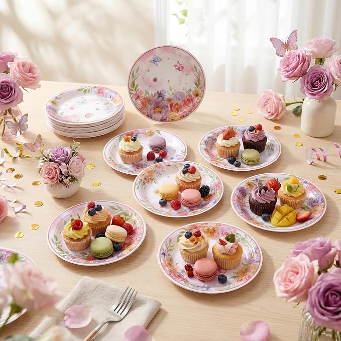 Gerrii 60 Pcs Butterfly Floral Party Plates 7 Inch Spring Butterfly Disposable - Image 6
