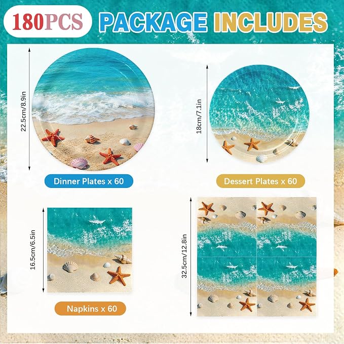 180Pcs Beach Ocean Party Plates and Napkins Set, Serves 60 | Under The Sea - Image 8