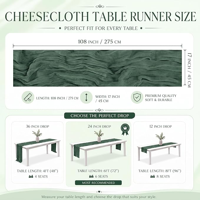 2 Pack Emerald Green Cheesecloth Table Runner 17x108 Inch Boho Rustic Semi - Image 3