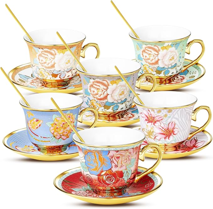 Tea Cups and Saucers Sets of 6, 8 Oz Floral Tea Cups by EspressoTeaCupsandSaucers