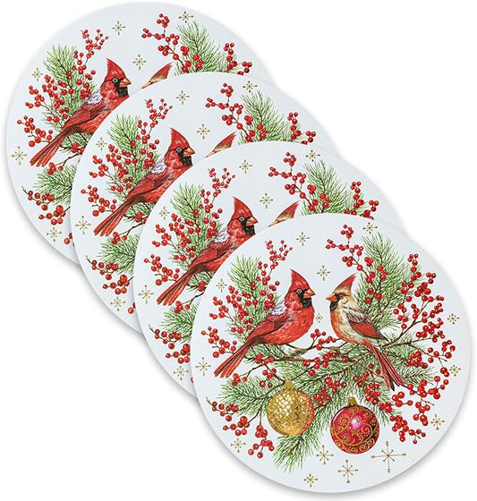 Benson Mills Cork Placemats Set of 4, Thick Cork Place Mats for Kitchen and Dining Tables, Easy Clean Table Mats for Christmas, Winter, and Holidays (13.75" Round Set of 4, Festive Cardinals)