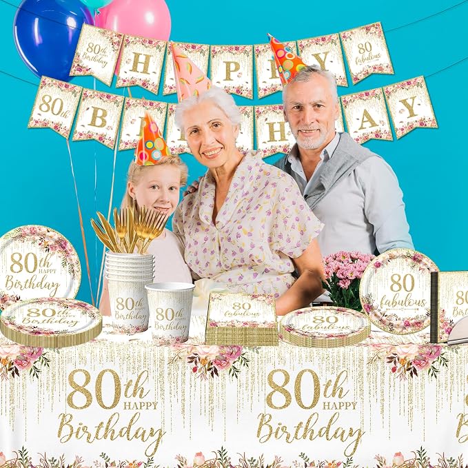 80th Birthday Party Tableware, Tablecloth, 80 and Fabulous Banner, 80th - Image 6