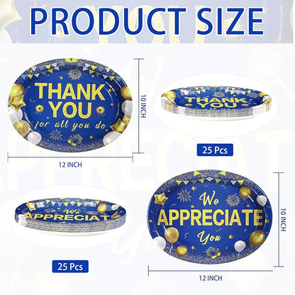 50Pcs Thank You Party Decorations We Appreciate You Oval Paper Plates 10" x 12" Heavy Duty Blue Gold Appreciation Paper Plates for Teacher Employee Staff Volunteer Appreciation Party Supplies