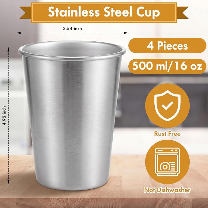 Mimorou 4 Pack 16 oz Stainless Steel Pint Cups Metal Cups Unbreakable Drinking - Image 2