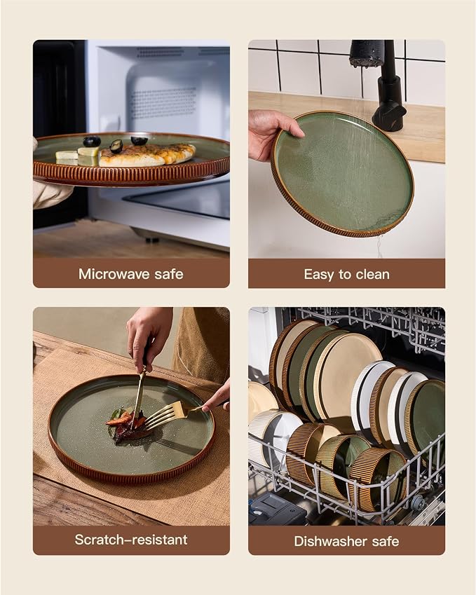 Ceramic Plates & Bowls Sets for 6, Handmade Reactive Glaze | Green Brown - Image 6