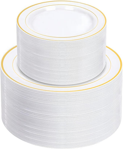 NOCCUR 200PCS Gold Plastic Plates - 100 Dinner / 100 Dessert Disposable Plates Heavy Duty - Ideal for Wedding/Party/New Year
