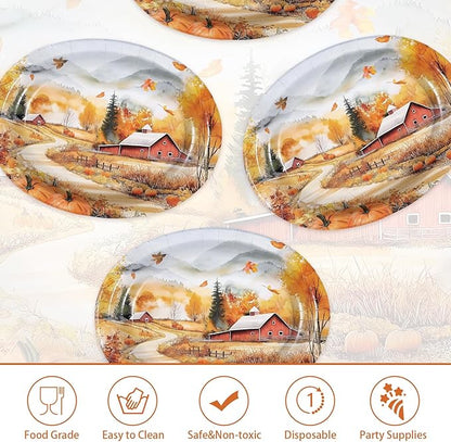 Grencian 50 Pcs Fall Landscape Oval Paper Plates Thanksgiving Oval Paper Plates 10" x 12" Large Disposable Heavy Duty Autumn Scenery Platters for Fall Theme Party Harvest Holiday Party Supplies