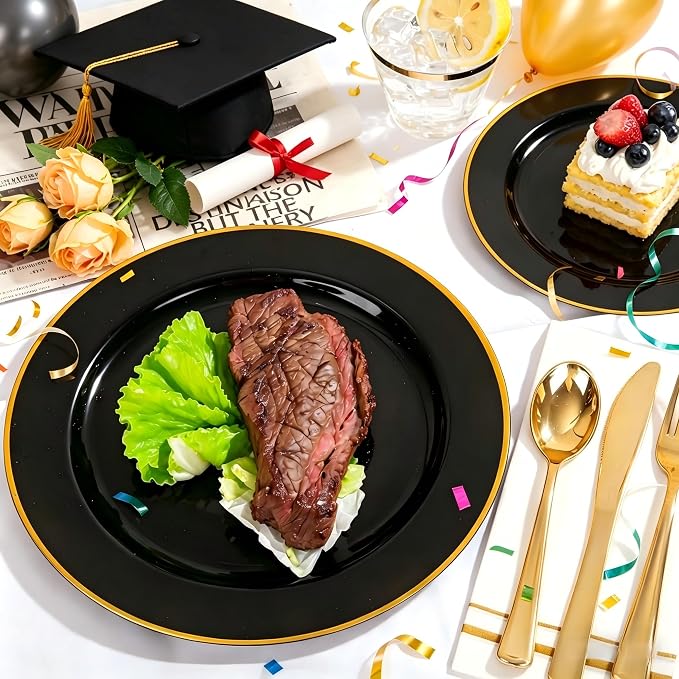 SUT 175 Piece Black and Glod Plastic Dinnerware Set - Image 2