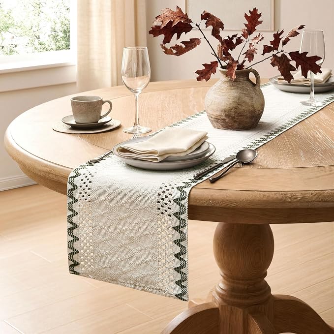 Macrame Side Trim Boho Woven Table Runner, Moss 12x60 Inch | Crochet Hollow - Image 5