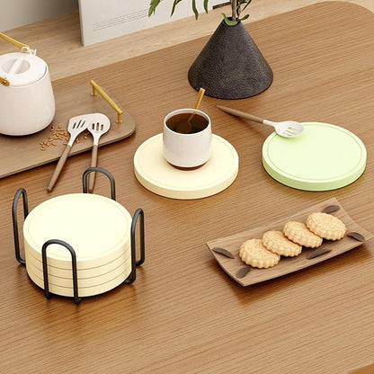 Azhou 6Pcs Drink Coaster with Holder, Lemon-Yellow Absorbent Coasters for Drinks, Non-Slip with Velvet Bottom, Thick Heavy Duty 4 inch Ceramic Coasters, Home Decor Coffee Bar Accessories