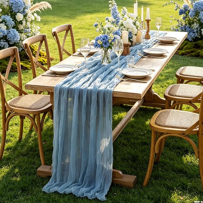 3Pcs Blue Table Runner, 10FT Boho Dust Blue Cheesecloth Table Runners 35*120inch - Image 6