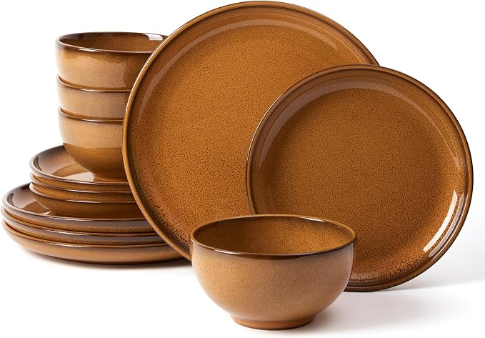Santorini Mist Terracotta Reactive Glaze Plates and Bowls Sets, Stoneware by Pokini