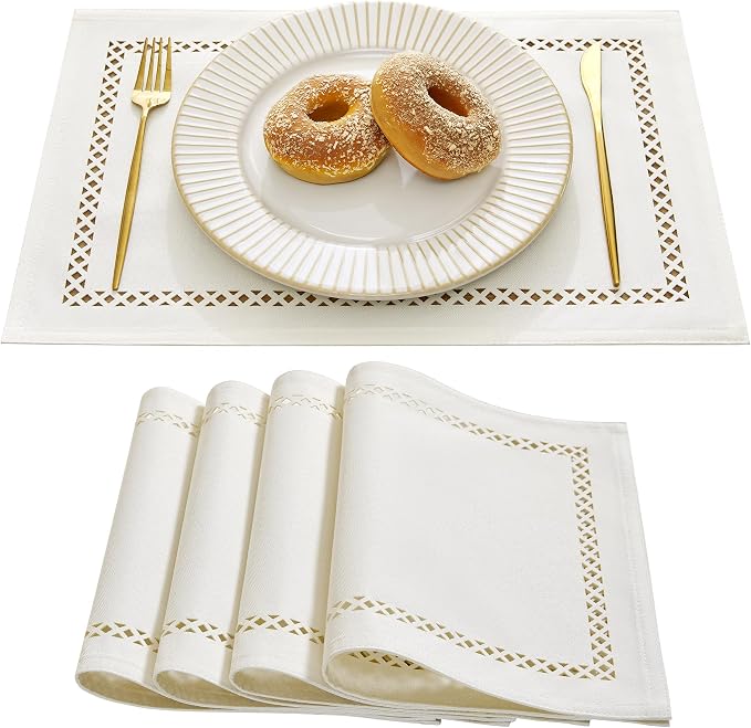 Farmhouse Burlap Hollow Placemats Set of 4, 12 x18 Inch Off White | Double Layer by Aoztio