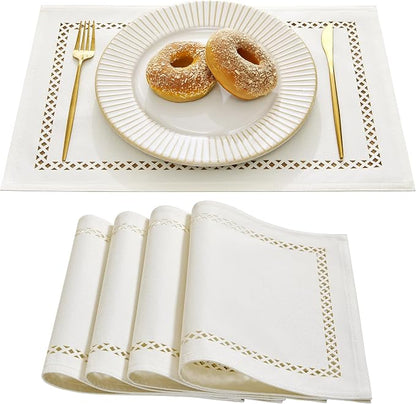 Farmhouse Burlap Hollow Placemats Set of 4, 12 x18 Inch Off White | Double Layer by Aoztio