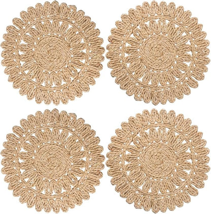 13.8" Round Corn Husk Placemats | Boho Woven Rattan Table Mats | Natural Spring Farmhouse Plate Chargers | Handmade Rustic Wicker Place Mats for Christmas Wedding (Set of 4)