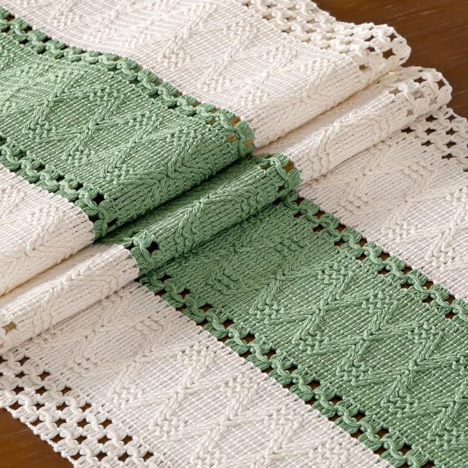 DeZerlor Ivory&Sage Green Boho Macrame Farmhouse Woven Table Runner 48Inch | - Image 7