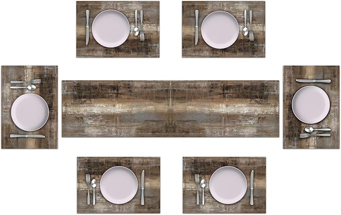 Dark Brown and Grey Rustic Table Runner and Place Mats Set of 6 70in | Abstract - Image 2