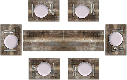 Dark Brown and Grey Rustic Table Runner and Place Mats Set of 6 70in | Abstract - Image 2