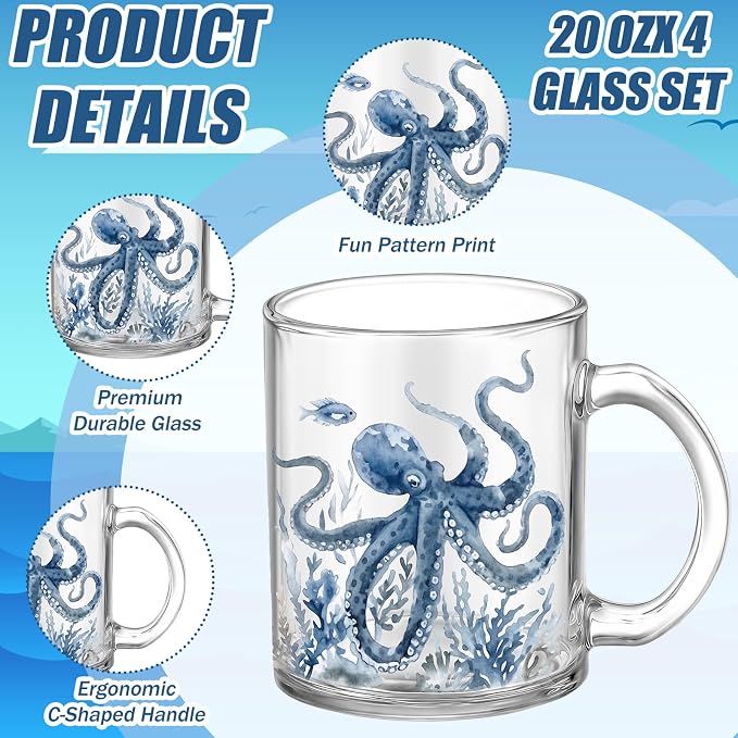 Tioncy 4 Pcs Coastal Mugs Blue Sea Turtle Coffee Mugs 12 oz Summer Beach Ocean - Image 2