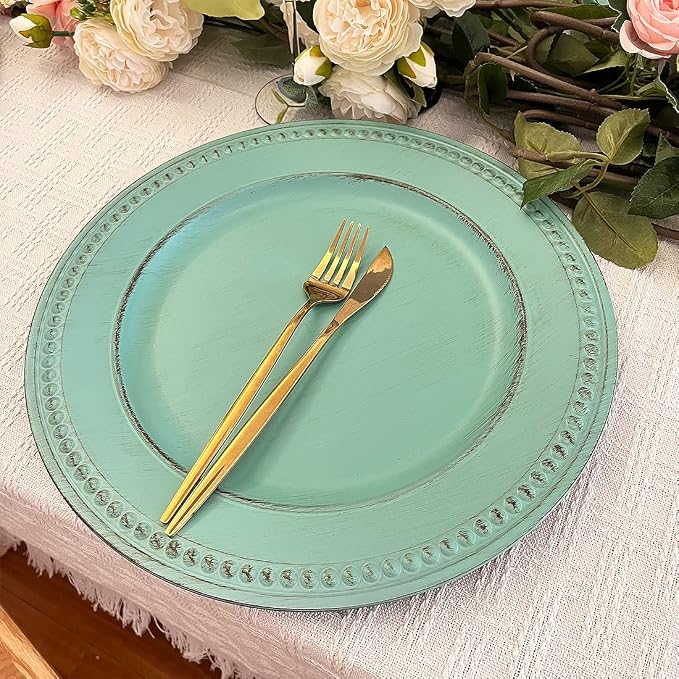 Antique Green Charger Plates, 13 Inch Vintage Dinner Plate Chargers Round - Image 6
